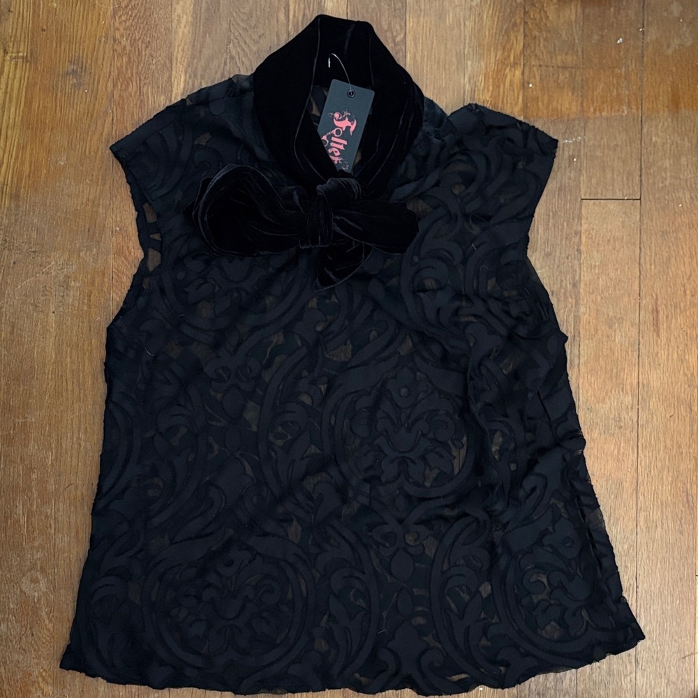 NWT Folter 1X Sheer Velvet Burnout top with Velvet Tie